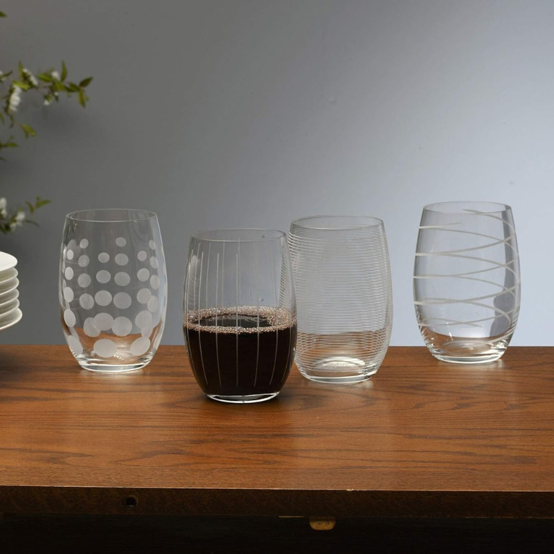 Stemless Patterned Glasses Set of 4 Elegant Etched Drinkware-Wine and Whiskey Decanter