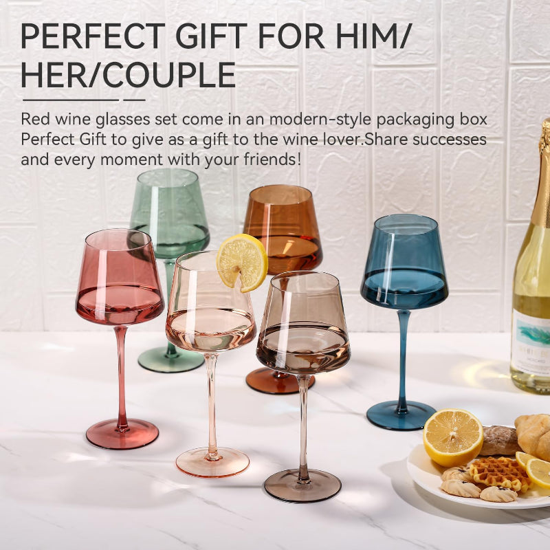 Colorful Wine Glasses With Stem  Hand-Blown Crystal Set of 6-Wine and Whiskey Decanter