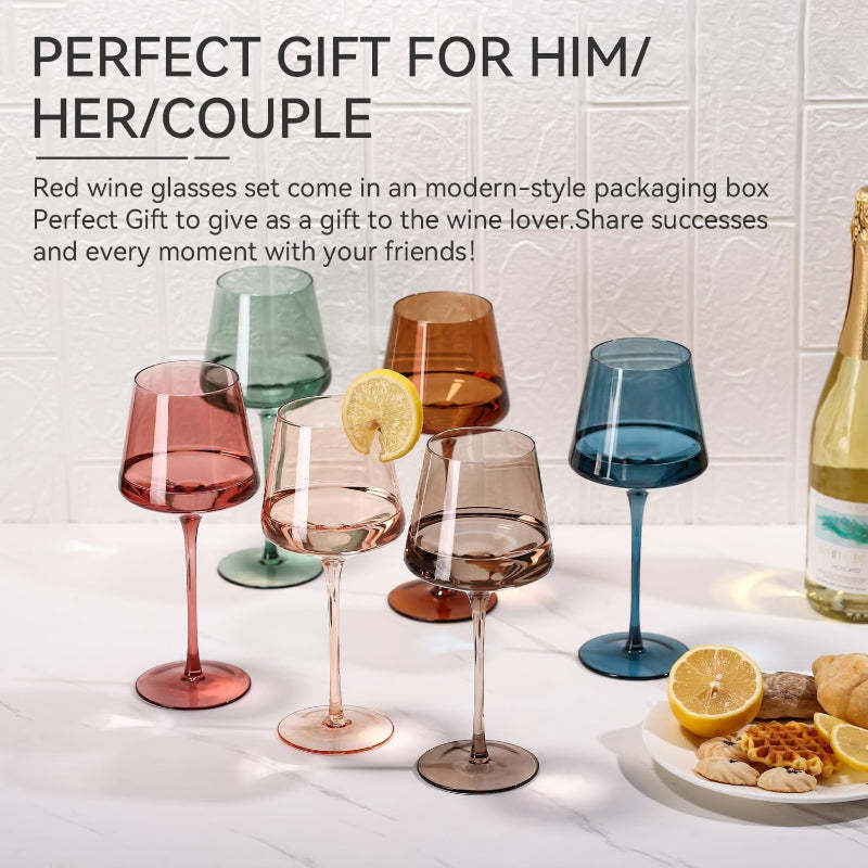 Colorful Wine Glasses With Stem  Hand-Blown Crystal Set of 6-Wine and Whiskey Decanter