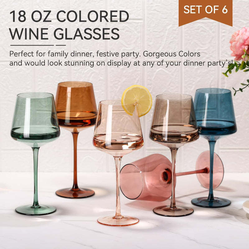 Colorful Wine Glasses With Stem  Hand-Blown Crystal Set of 6-Wine and Whiskey Decanter