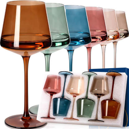 Colorful Wine Glasses With Stem  Hand-Blown Crystal Set of 6-Wine and Whiskey Decanter