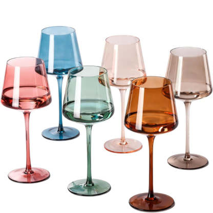 Colorful Wine Glasses With Stem  Hand-Blown Crystal Set of 6-Wine and Whiskey Decanter