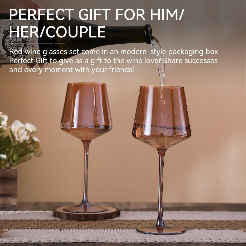 Dark Amber Wine Glasses Set of 6 Elegant Hand-Blown Crystal-Wine and Whiskey Decanter