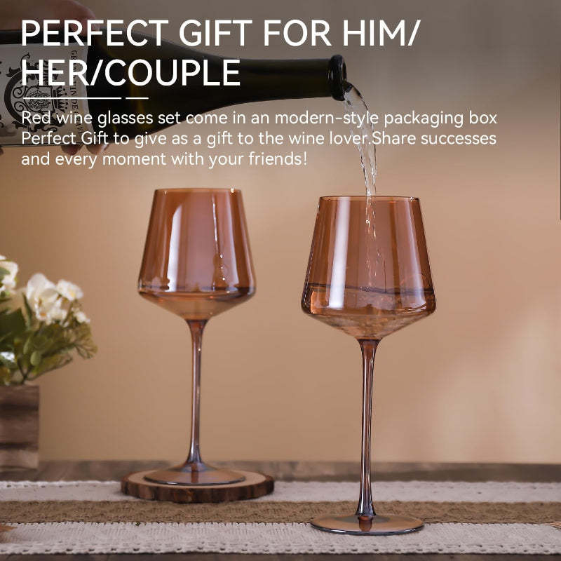 Dark Amber Wine Glasses Set of 6 Elegant Hand-Blown Crystal-Wine and Whiskey Decanter