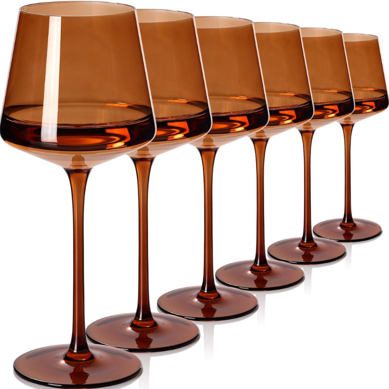 Dark Amber Wine Glasses Set of 6 Elegant Hand-Blown Crystal-Wine and Whiskey Decanter