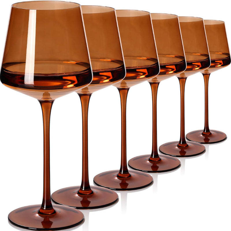Dark Amber Wine Glasses Set of 6 Elegant Hand-Blown Crystal-Wine and Whiskey Decanter