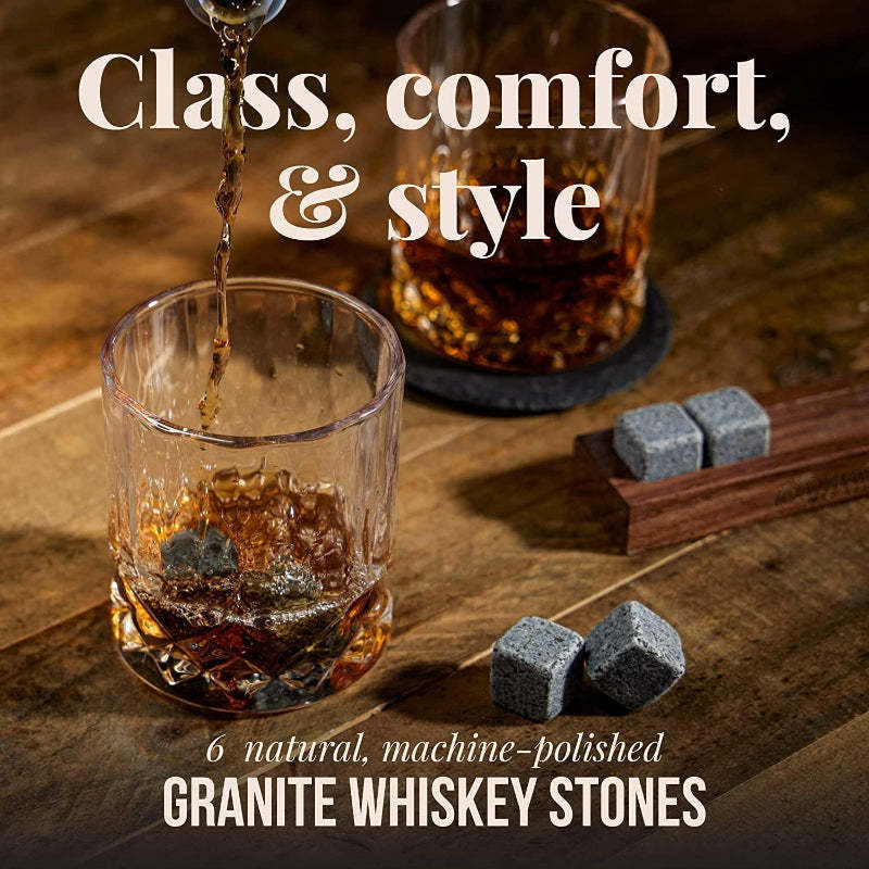 Granite Whiskey Stones With Wooden Tray Set of 6 Granite Drink Chiller-Wine and Whiskey Decanter