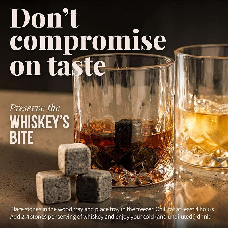 Granite Whiskey Stones With Wooden Tray Set of 6 Granite Drink Chiller-Wine and Whiskey Decanter