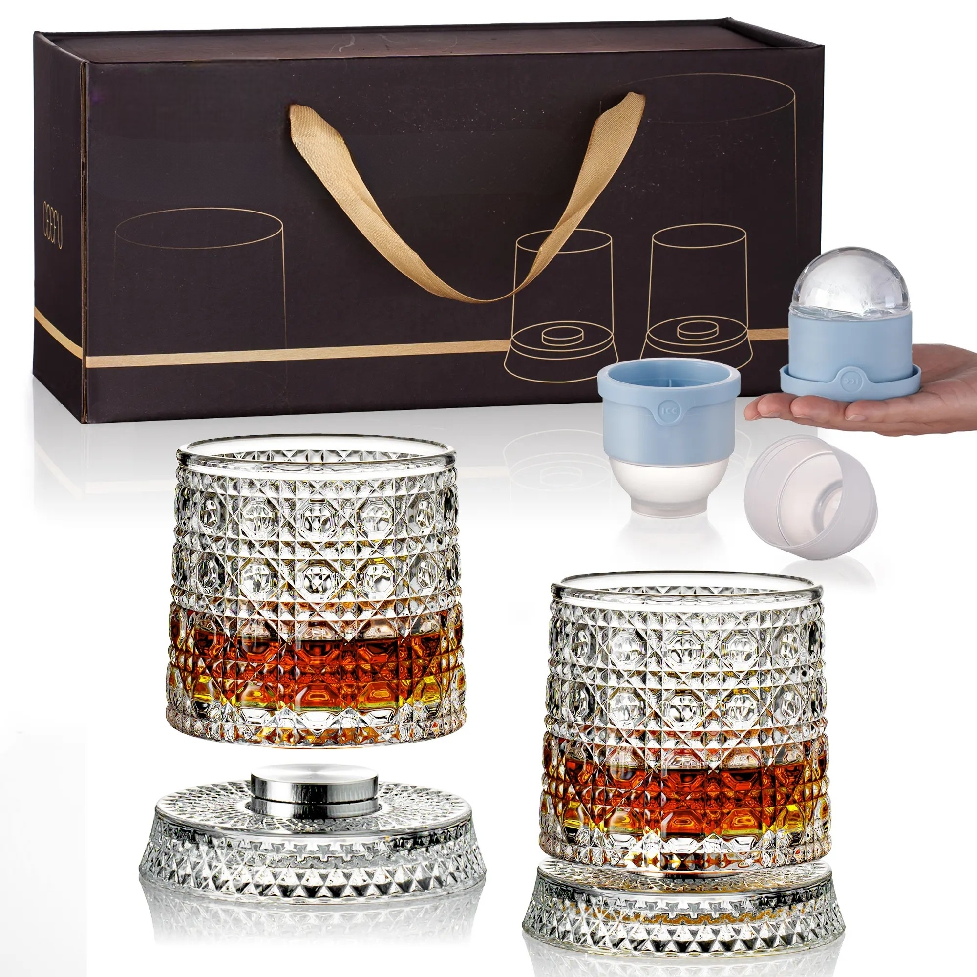 Spinning Crystal Glass Gift Set With Rotating Glasses and Ice Ball Molds
