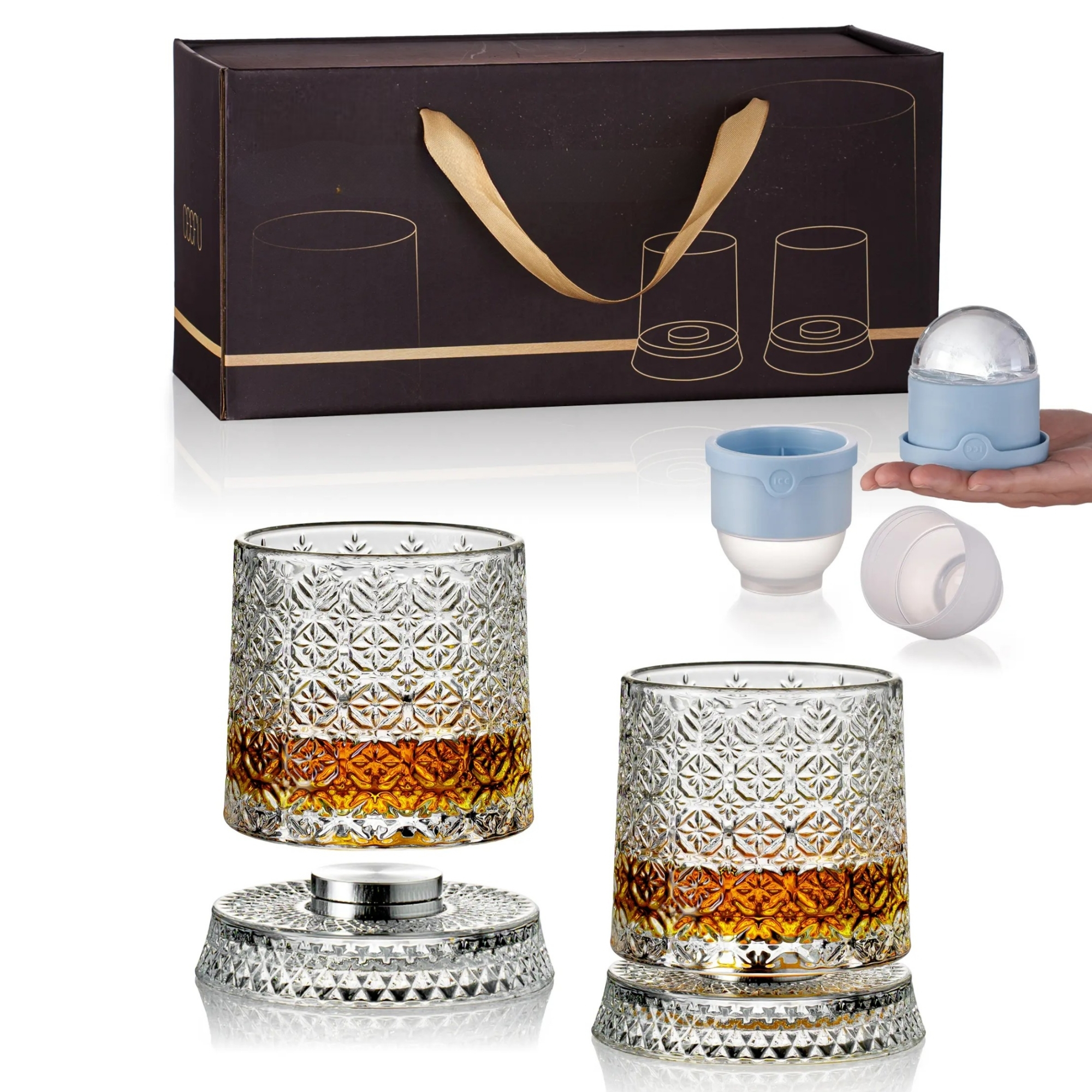 Spinning Crystal Glass Gift Set With Rotating Glasses and Ice Ball Molds