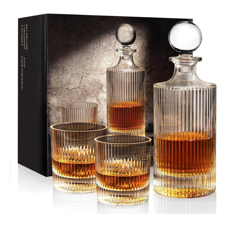 Striped Whiskey Decanter Set Glasses Elegant Drinkware
