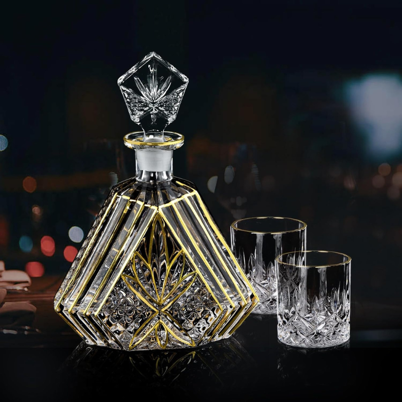 Trimmed Crystal Decanter Set With Two Glasses For Whiskey Gift Set-Wine and Whiskey Decanter