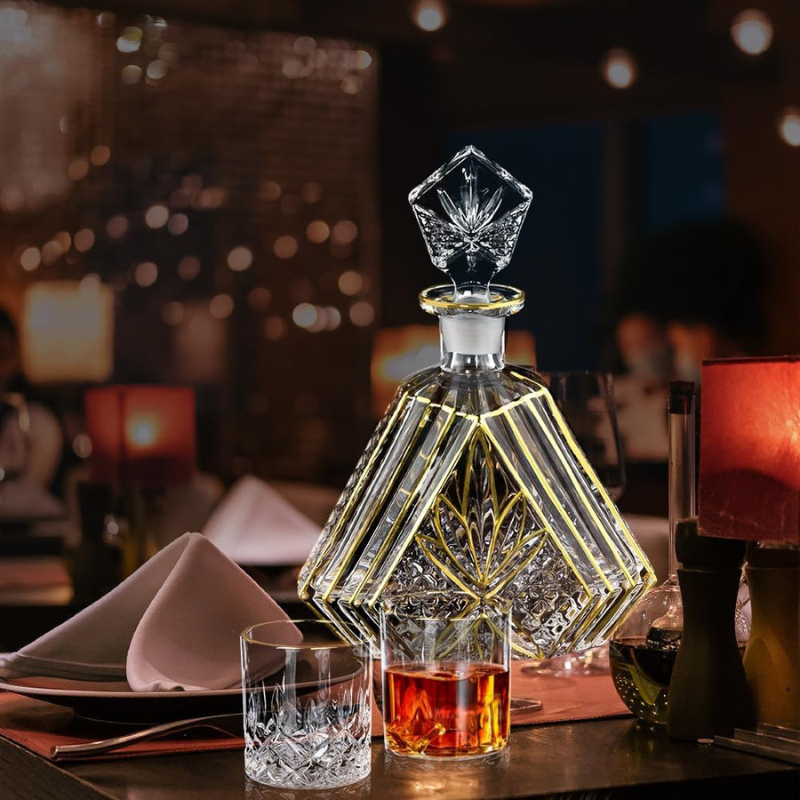 Trimmed Crystal Decanter Set With Two Glasses For Whiskey Gift Set-Wine and Whiskey Decanter