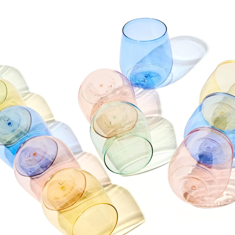 Set Of 12 Vibrant 14 Oz Colorful Plastic Wine Glasses-Wine and Whiskey Decanter