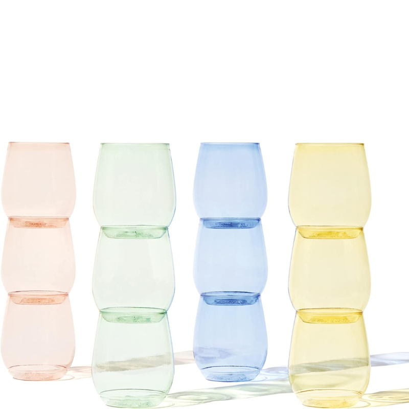 Set Of 12 Vibrant 14 Oz Colorful Plastic Wine Glasses-Wine and Whiskey Decanter
