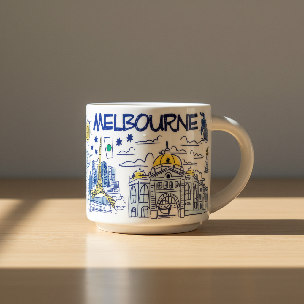 Ceramic Melbourne Mug With City Artwork And Iconic Sites