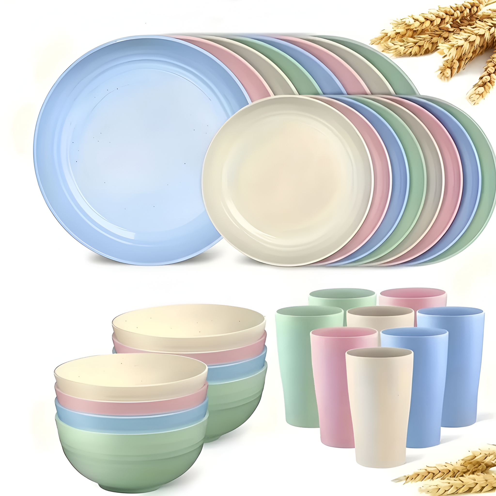 32 Piece Of Wheat Straw Dinnerware Set With Lightweight Plates Bowls And Cups
