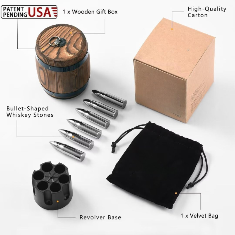 Whiskey Stone Set With Bullet Design And Revolver Base
