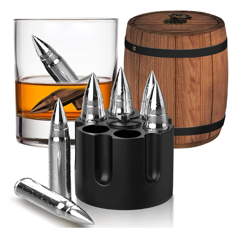 Whiskey Stone Set With Bullet Design And Revolver Base