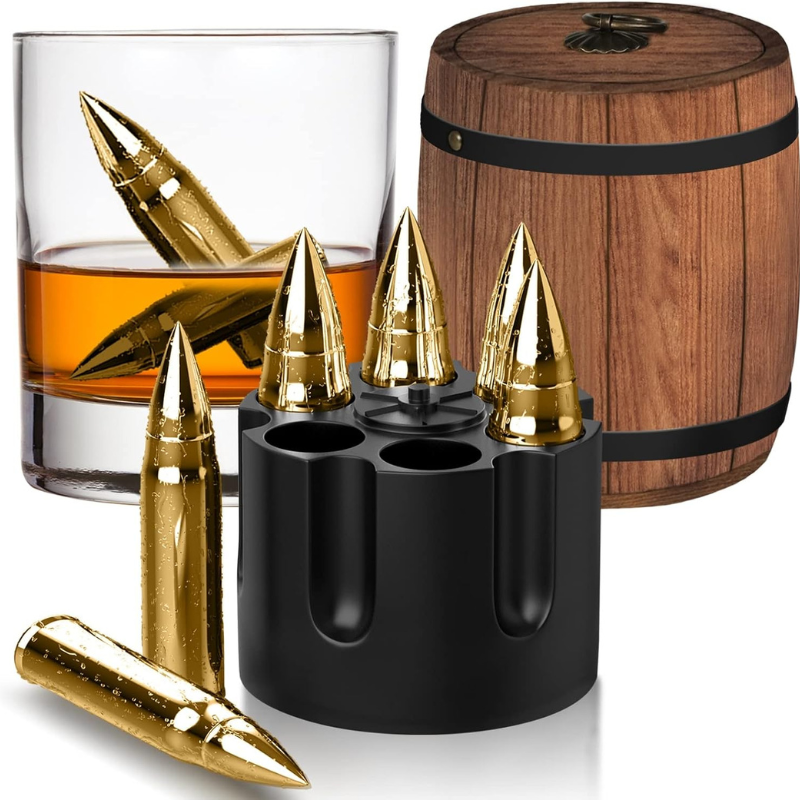 Whiskey Stone Bullet Set With Revolver Base And Wooden Barrel Case-Wine and Whiskey Decanter