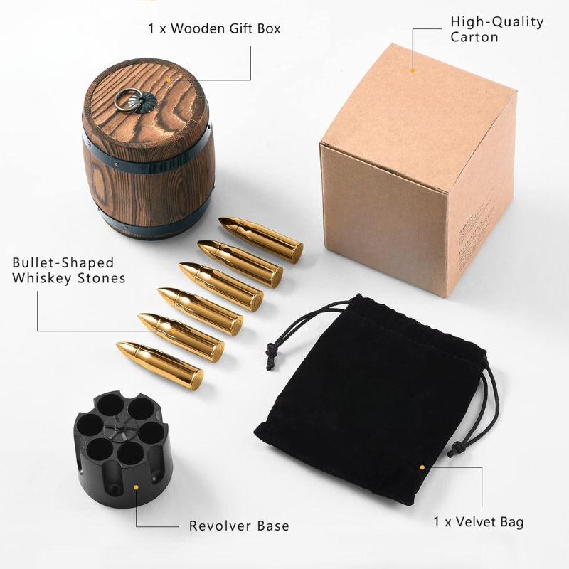 Whiskey Stone Bullet Set With Revolver Base And Wooden Barrel Case-Wine and Whiskey Decanter