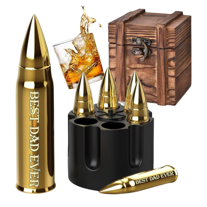 Whiskey Stone Bullet Set With Revolver Base And Wooden Lock Box