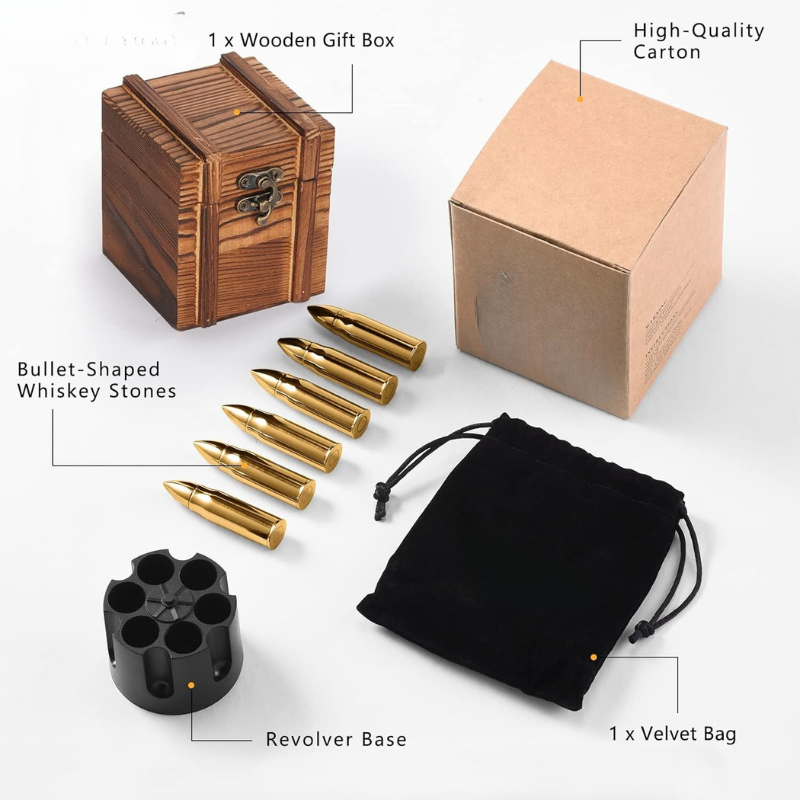 Whiskey Stone Bullet Set With Revolver Base And Wooden Lock Box-Wine and Whiskey Decanter