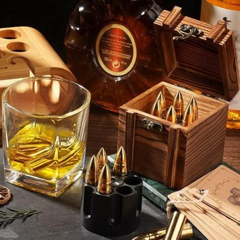 Whiskey Stone Bullet Set With Revolver Base And Wooden Lock Box-Wine and Whiskey Decanter