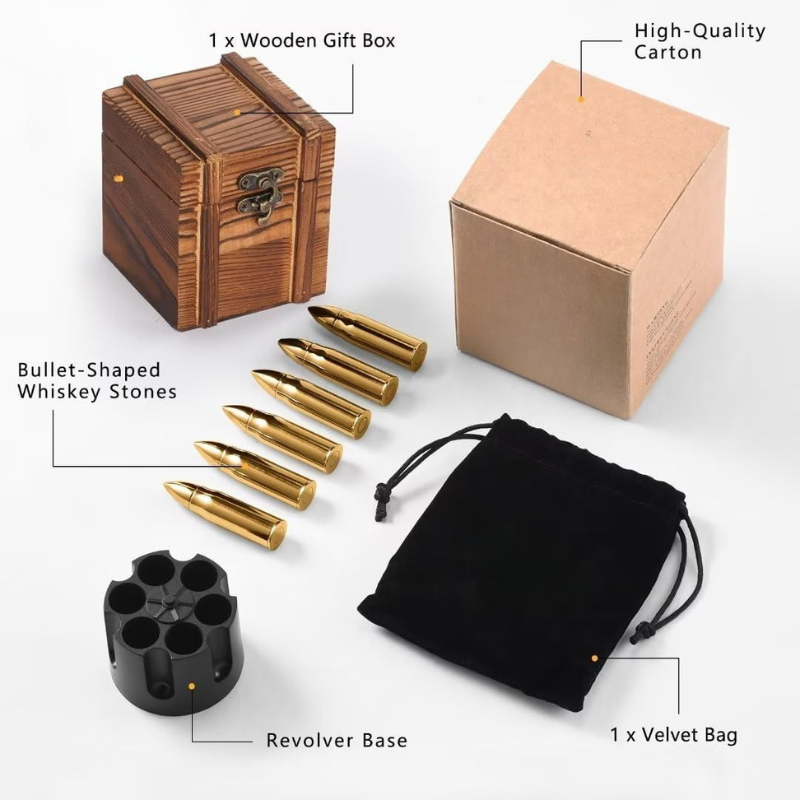 Whiskey Stone Set With Revolver Base And Wooden Storage Box