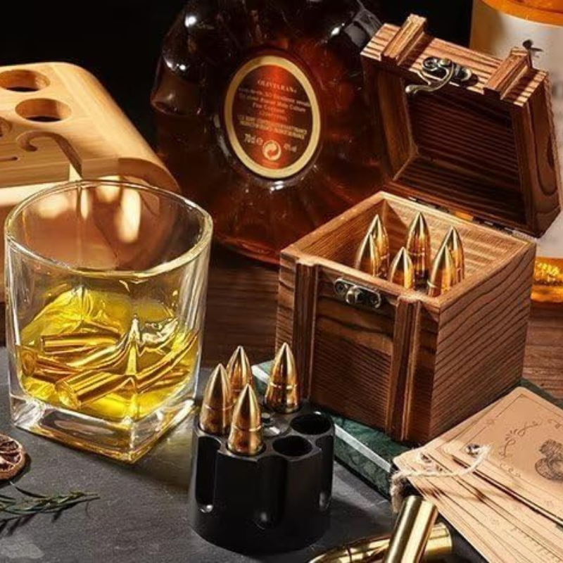 Whiskey Stone Set With Revolver Base And Wooden Storage Box