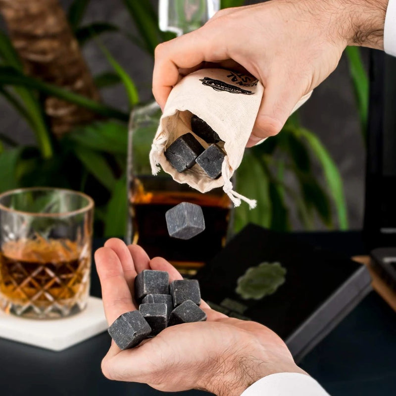 Whiskey Stones Set With 12 Marble Ice Cubes And Storage Bag