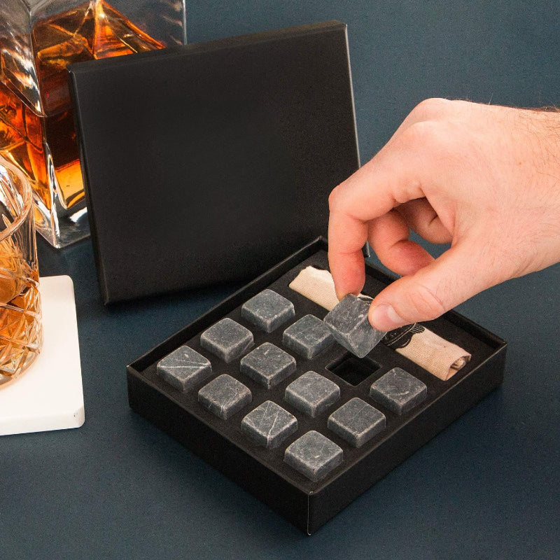 Whiskey Stones Set With 12 Marble Ice Cubes And Storage Bag