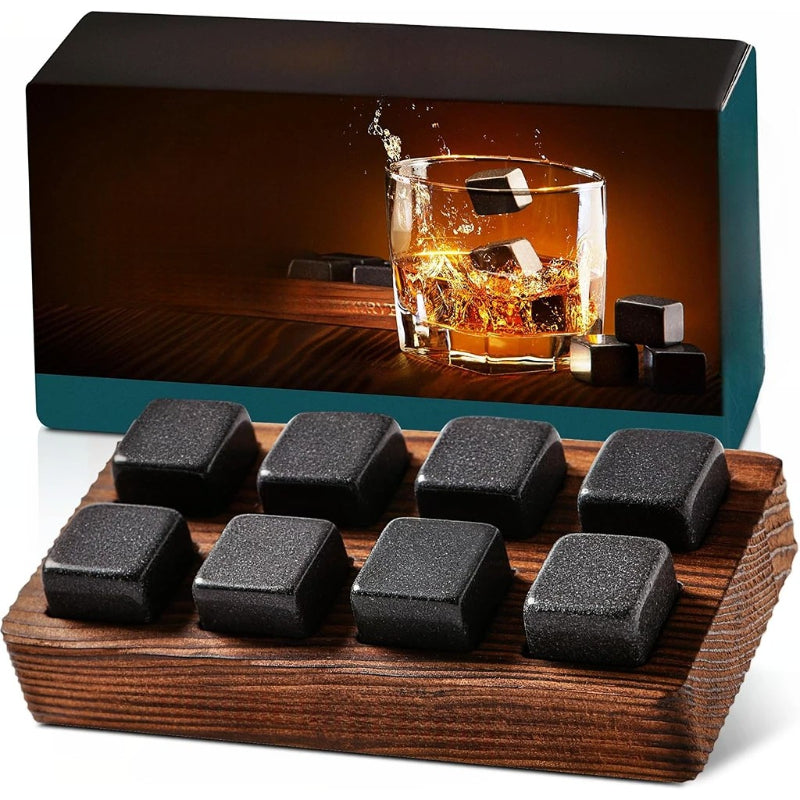 Whiskey Stones Gift Set With 8 Granite Cubes And Wooden Tray-Wine and Whiskey Decanter
