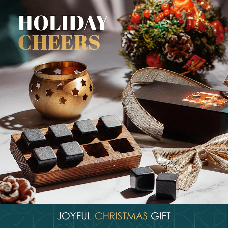 Whiskey Stones Gift Set With 8 Granite Cubes And Wooden Tray-Wine and Whiskey Decanter