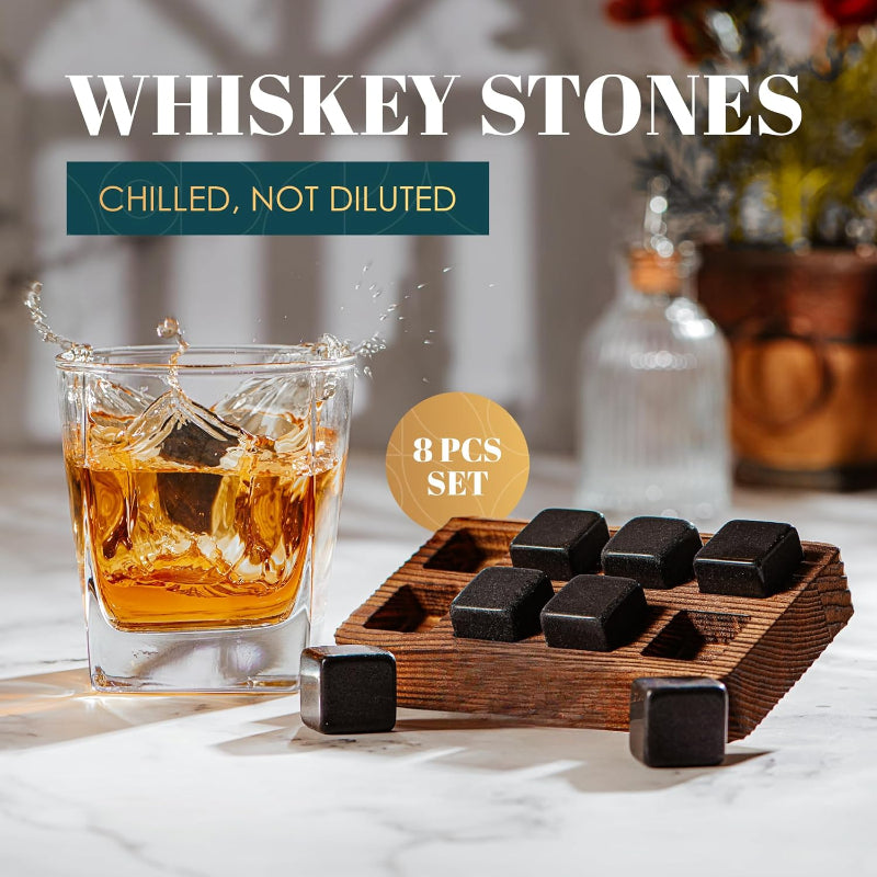 Whiskey Stones Gift Set With 8 Granite Cubes And Wooden Tray