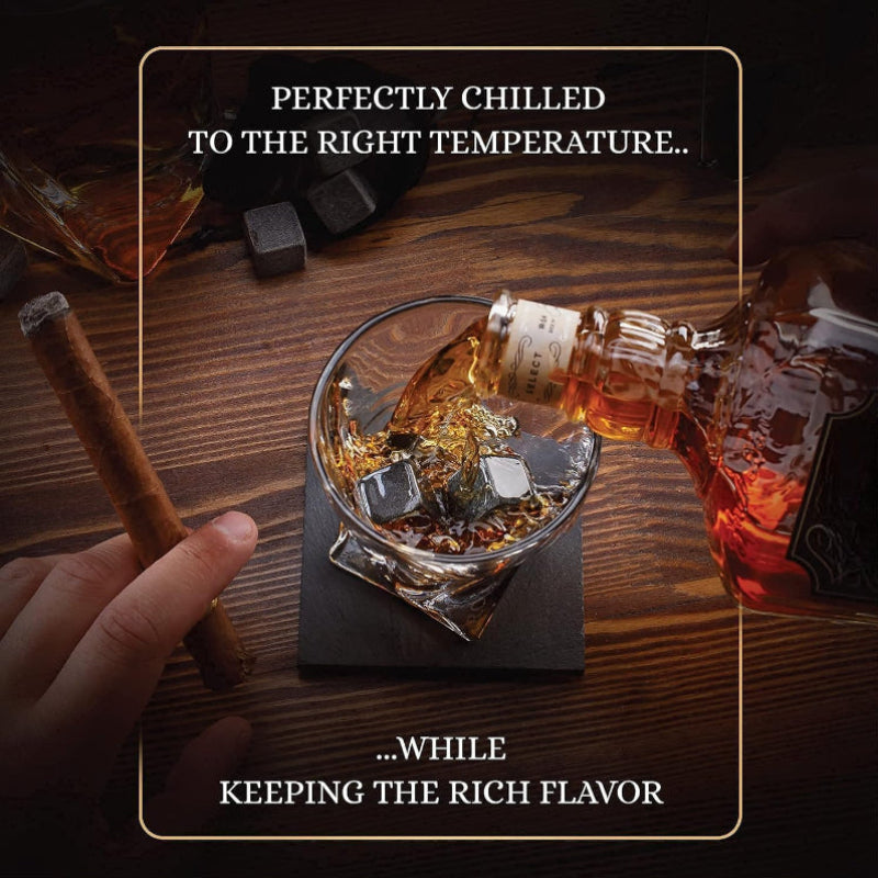 Whiskey Stones Gift Set With 8 Granite Cubes And Wooden Tray-Wine and Whiskey Decanter