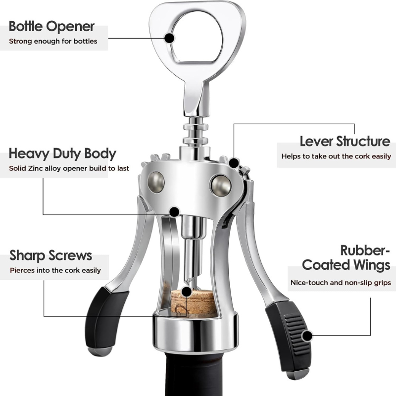 Wing Corkscrew Wine Opener With Easy Lever Action And Stylish Design
