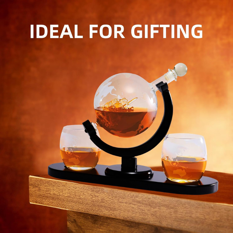Wooden Holder Whiskey Decanter Set With Two Glasses-Wine and Whiskey Decanter