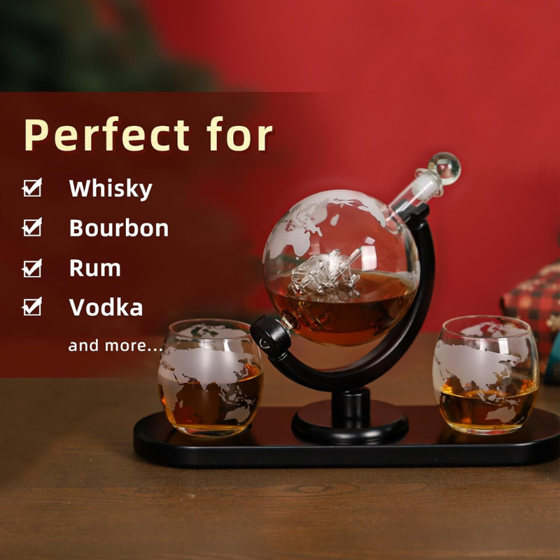 Wooden Holder Whiskey Decanter Set With Two Glasses-Wine and Whiskey Decanter