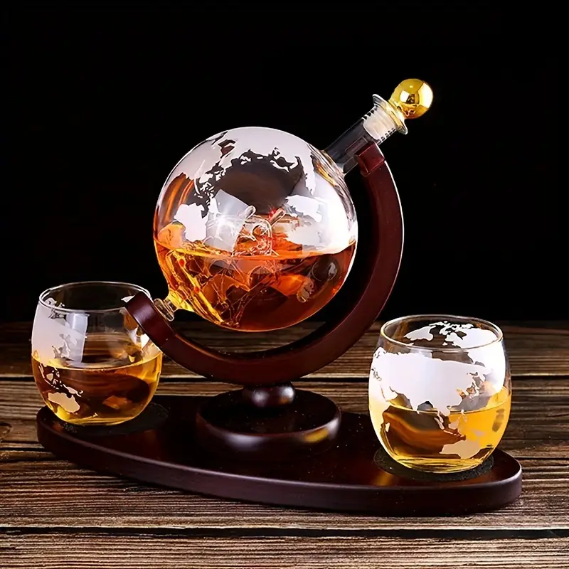 World Globe Decanter With Two Etched Glasses