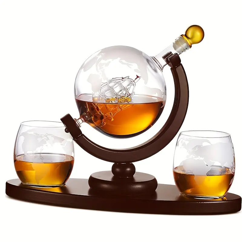 World Globe Decanter With Two Etched Glasses