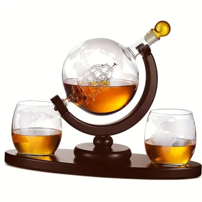 World Globe Decanter With Etched Glasses