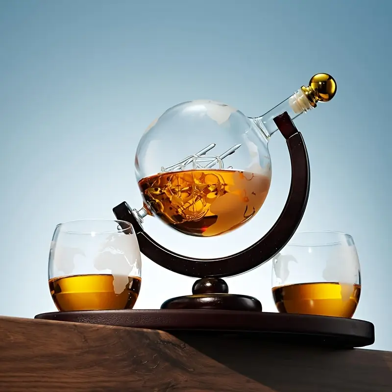 World Globe Decanter With Two Etched Glasses