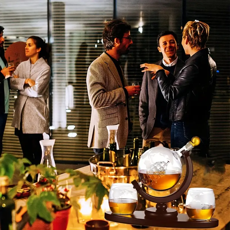 World Globe Decanter With Two Etched Glasses