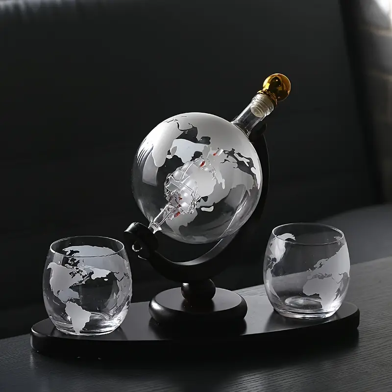 World Globe Decanter With Two Etched Glasses