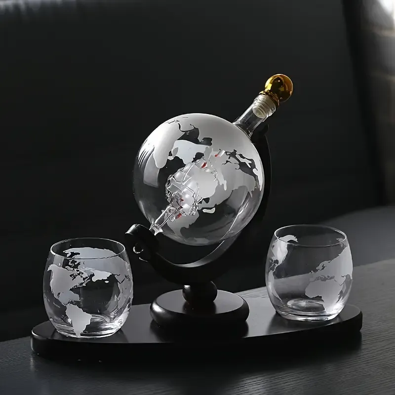 World Globe Decanter With Etched Glasses