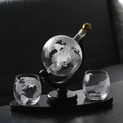 World Globe Decanter With Etched Glasses