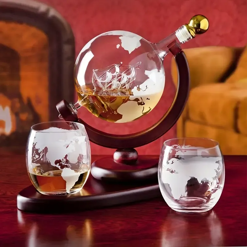 World Globe Decanter With Etched Glasses