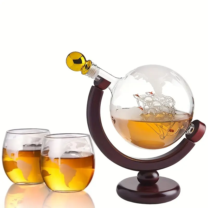 World Globe Decanter With Etched Glasses