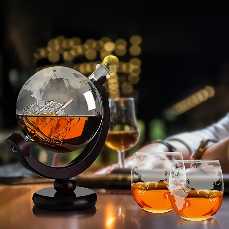 World Globe Decanter With Two Etched Glasses